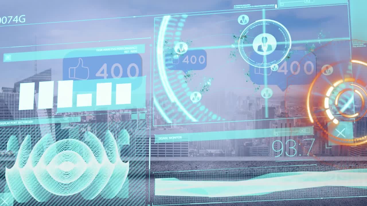 데이터 처리 및 소셜 미디어 아이콘과의 인터페이스의 애니메이션과 도시 풍경의 공중 전망