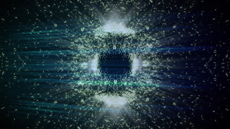 Animation-Leuchtender-Weißer-Partikel,-Die-Sich-In-Kreisförmiger-Bewegung-über-Blauen-Lichtstrahlen-Auf-Schwarz-Bewegen