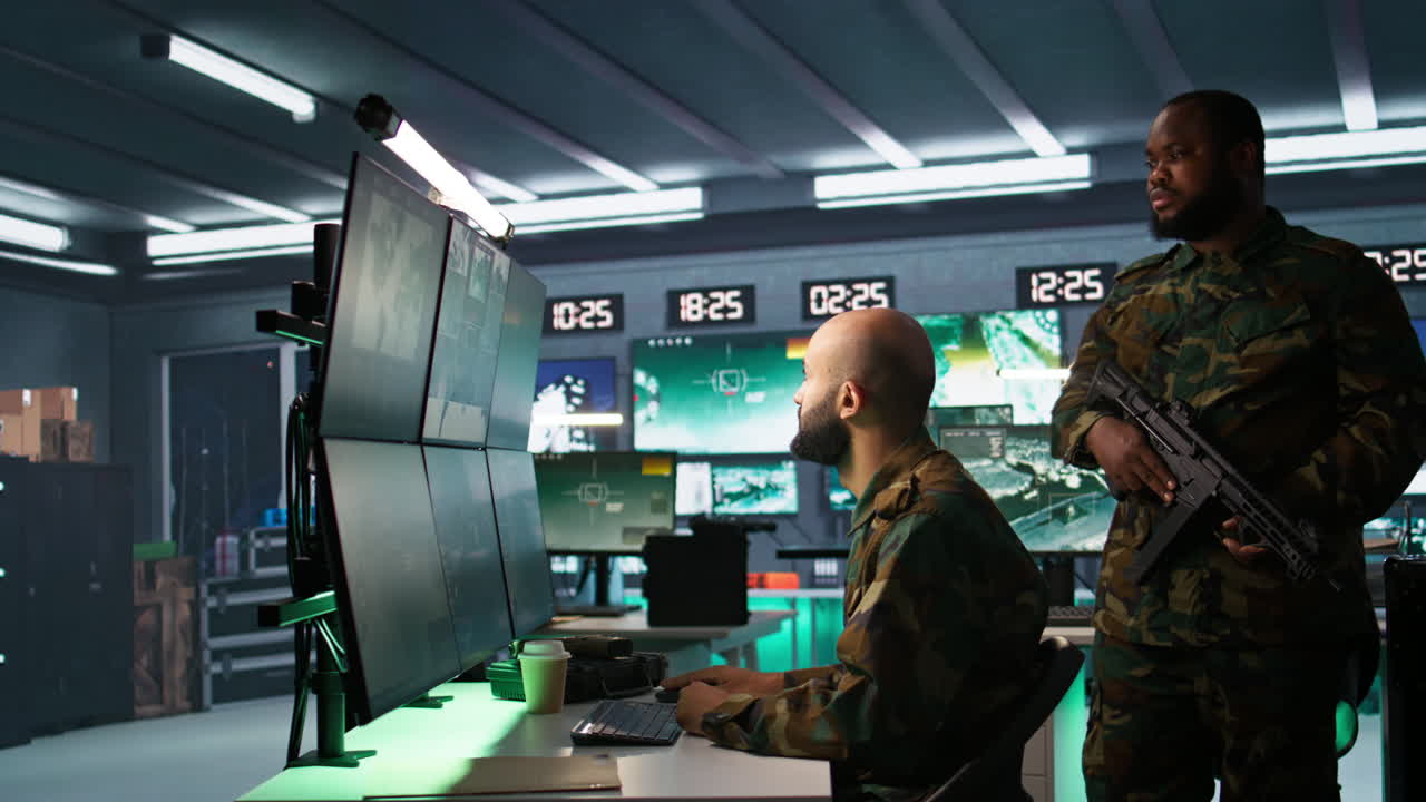 soldado haciendo tareas en la base militar, haciendo vigilancia con equipos de radar