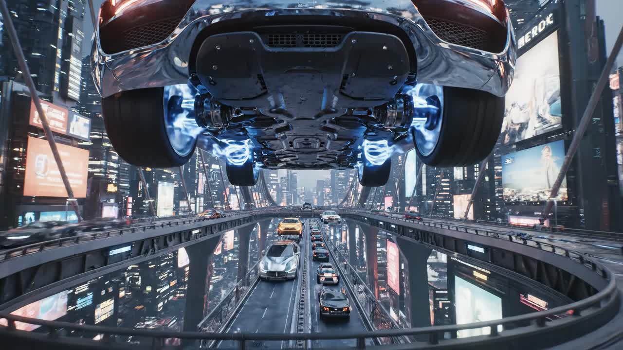 날아다니는 자동차가 있는 미래의 도시 풍경