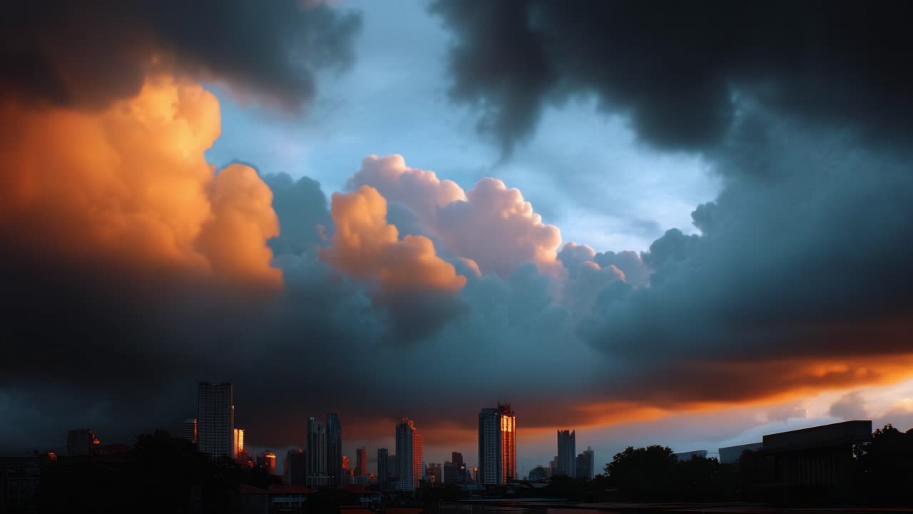 Cielo dramático sobre el horizonte de la ciudad durante el atardecer. Nubes oscuras brillan con tonos naranjas y azules. Los edificios se alzan imponentes contra un telón de fondo vívido. El cielo transita de momentos tormentosos a serenos