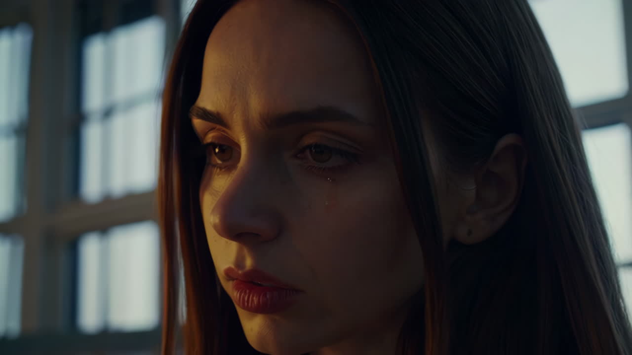 Una mujer triste llorando.