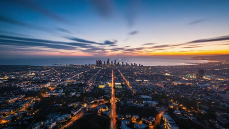stunning aerial view of cityscape at dusk with illuminated streets and skyline