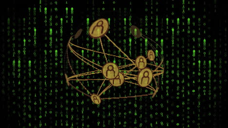 animación de la red de conexiones con iconos sobre codificación binaria