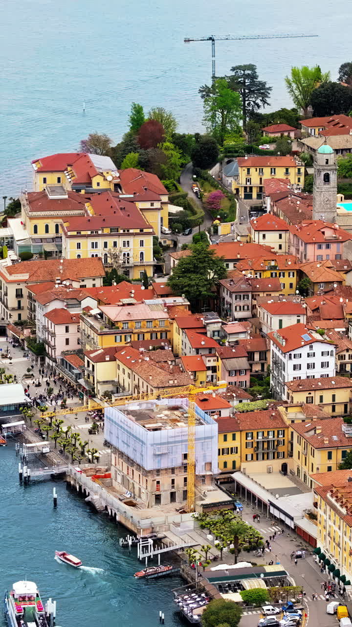 Aerial drone view of the village Bellagio near Lake Como, Italy. Vertical
