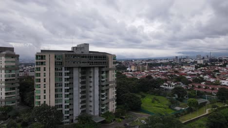 Toma-Aérea-Orbitando-Rascacielos-Y-Edificios-En-La-Ciudad-De-San-Jose,-Costa-Rica