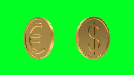 3d animation of rotation dollar and euro coins on a green screen. 4k