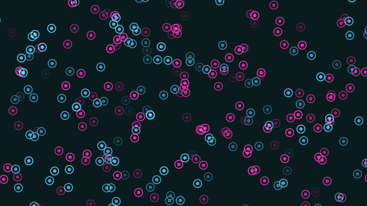 Dynamic abstract footage of glowing pink and blue circular particles moving on a dark background, ideal as a modern tech style backdrop for presentations, events, websites and social media
