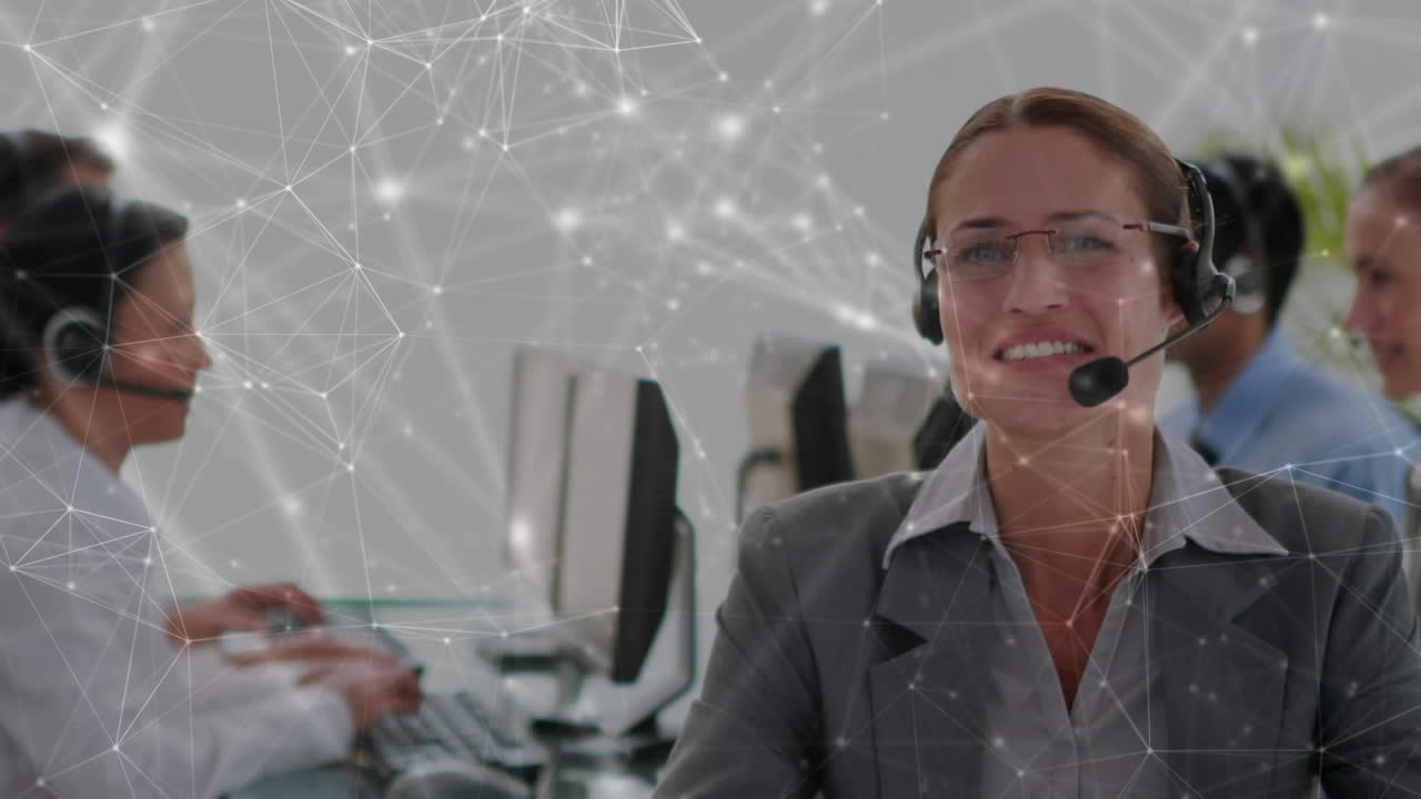 Animação de rede de conexões sobre pessoas de negócios usando fones de ouvido