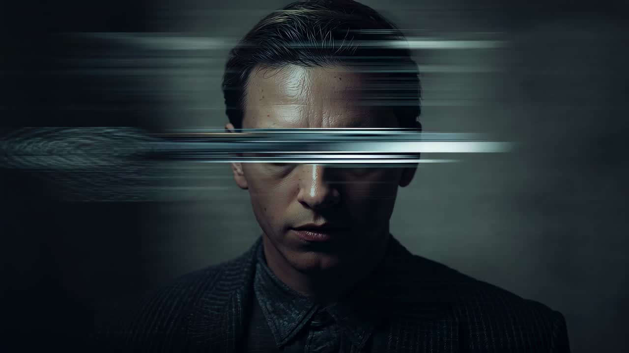 Glitch band appearing shifting downward over face, man wearing dark jacket standing in studio