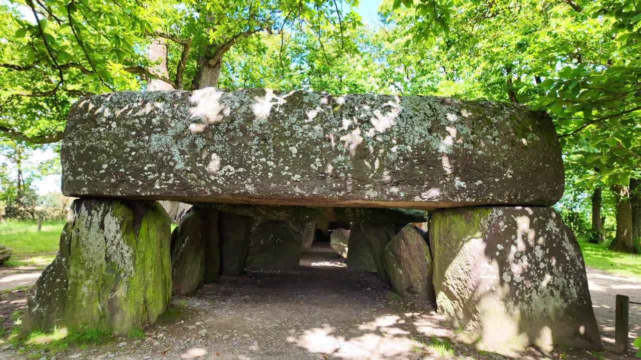 The neolithic gallery grave La Roche aux Fées in Bretagne, France. Close-up forward