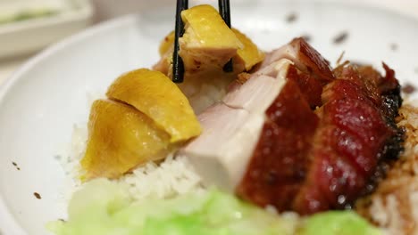 plato de cerdo asado chino y pollo con arroz