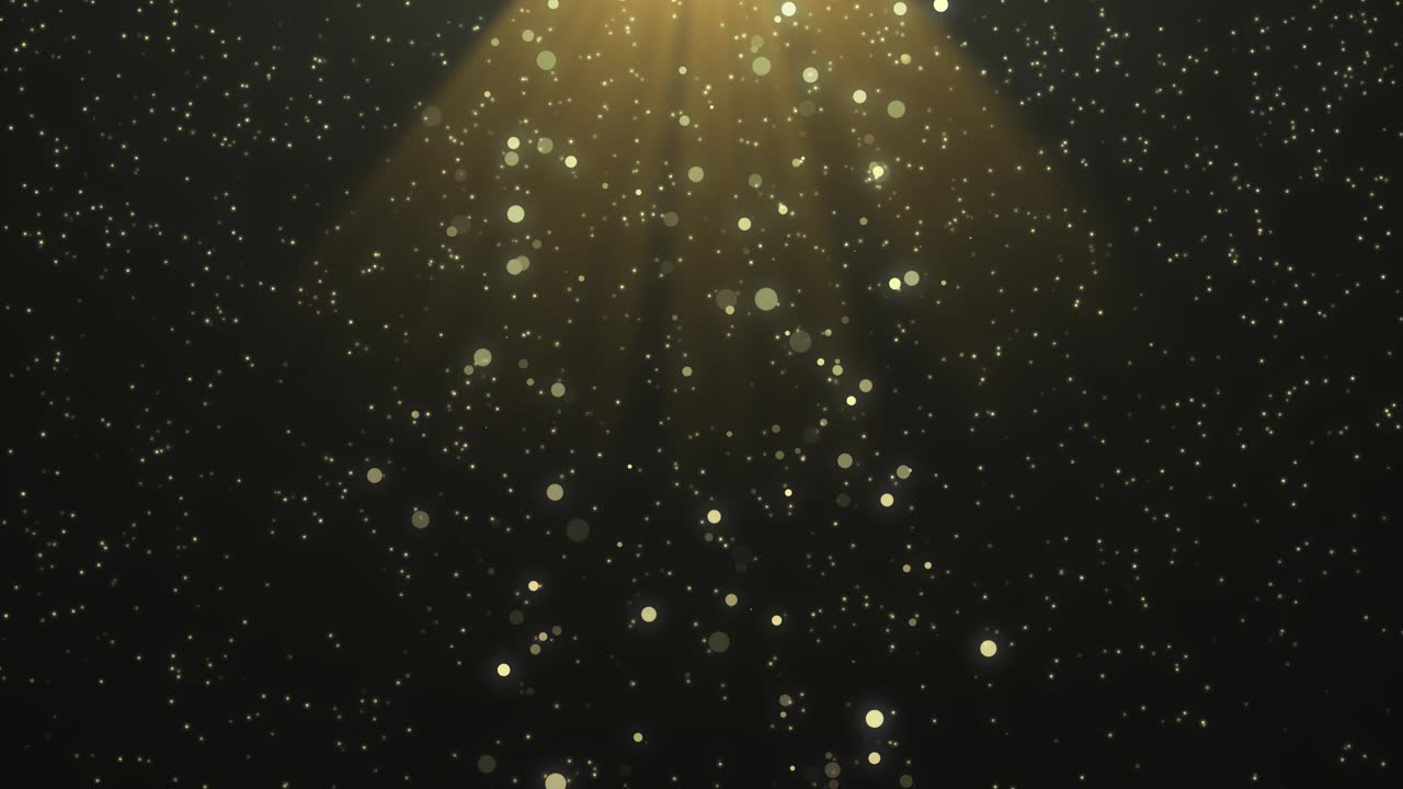 Foco 4K con partículas voladoras, rayos dorados, confeti y brillo de lujo cayendo para Navidad