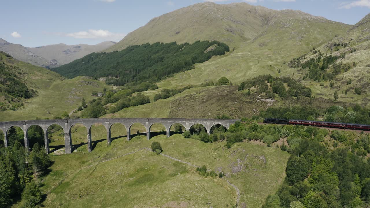 vista aérea del expreso de hogwarts en la exuberante campiña de escocia