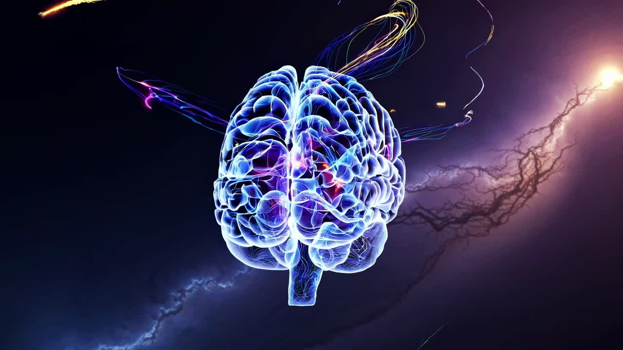 Futuristic video concept of a glowing digital brain, captured from a low angle, with vibrant neural