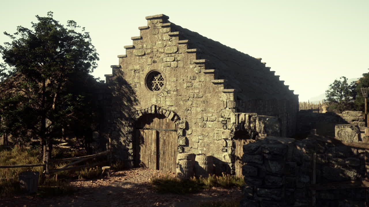 시골 환경 에 있는 고대 돌 창고