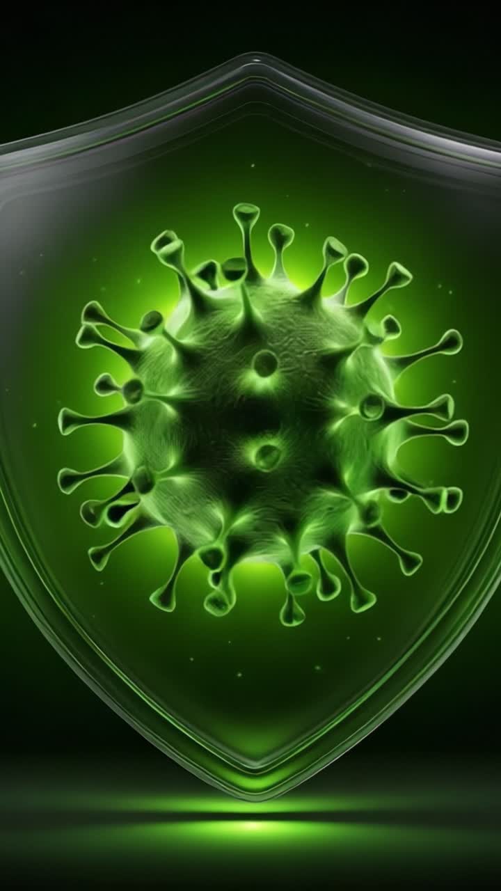 Una representación visual de vanguardia de un virus protegido por una barrera, destacando la importancia de la defensa en microbiología y seguridad sanitaria.