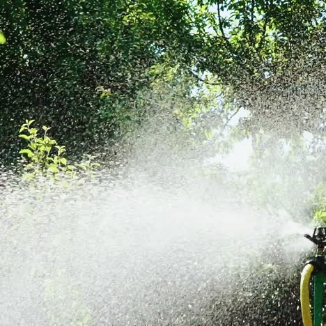 sprinkler system sprays water on the grass in the garden. slow motion.