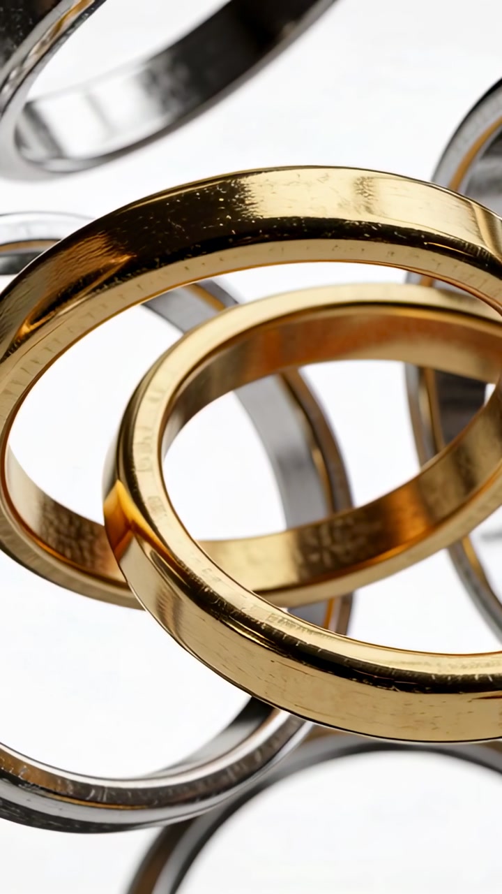 Vertical video: Camera panning up on gold silver rings, glints showing inner edge for jewelry ad