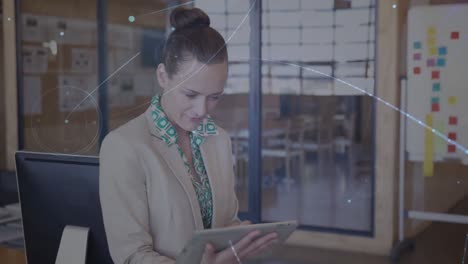 animation of networks of connections over caucasian businesswoman using tablet