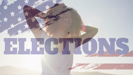 animation of usa flag effect and elections text against african american woman enjoying at the beach