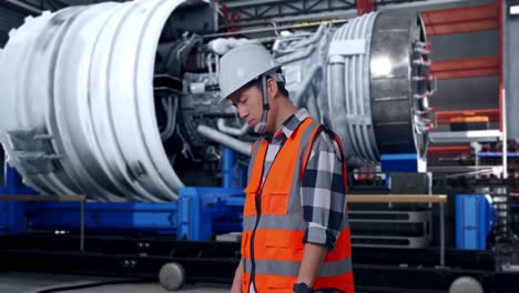 side view of asian male engineer with safety helmet having a headache while working with airplane engine maintenance conducted, analytics checking the turbine