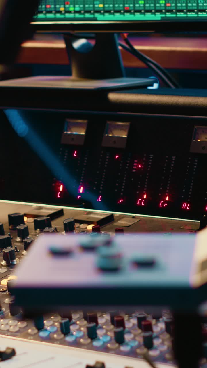 Close-up of Professional Audio Mixing Console in Recording Studio