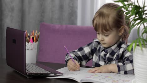 niña haciendo la tarea en línea usando una computadora portátil digital. educación a distancia