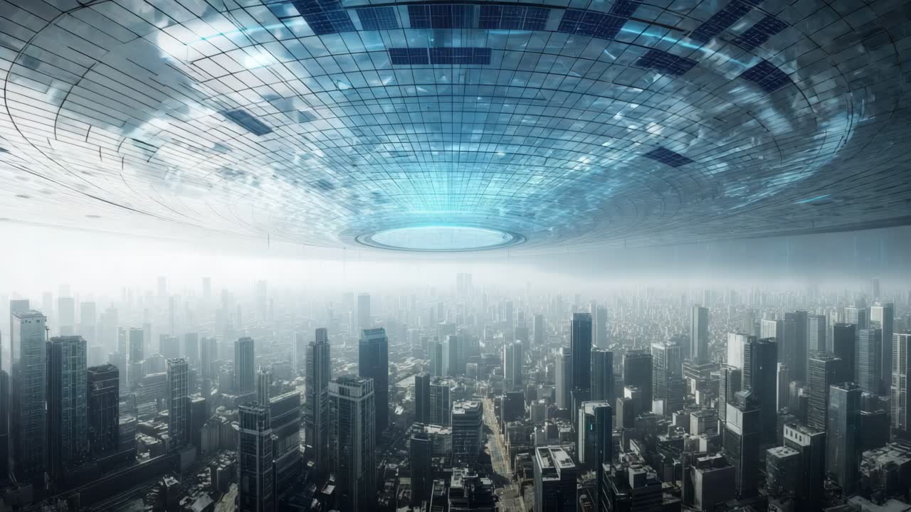 날아다니는 접시 아래의 미래 도시