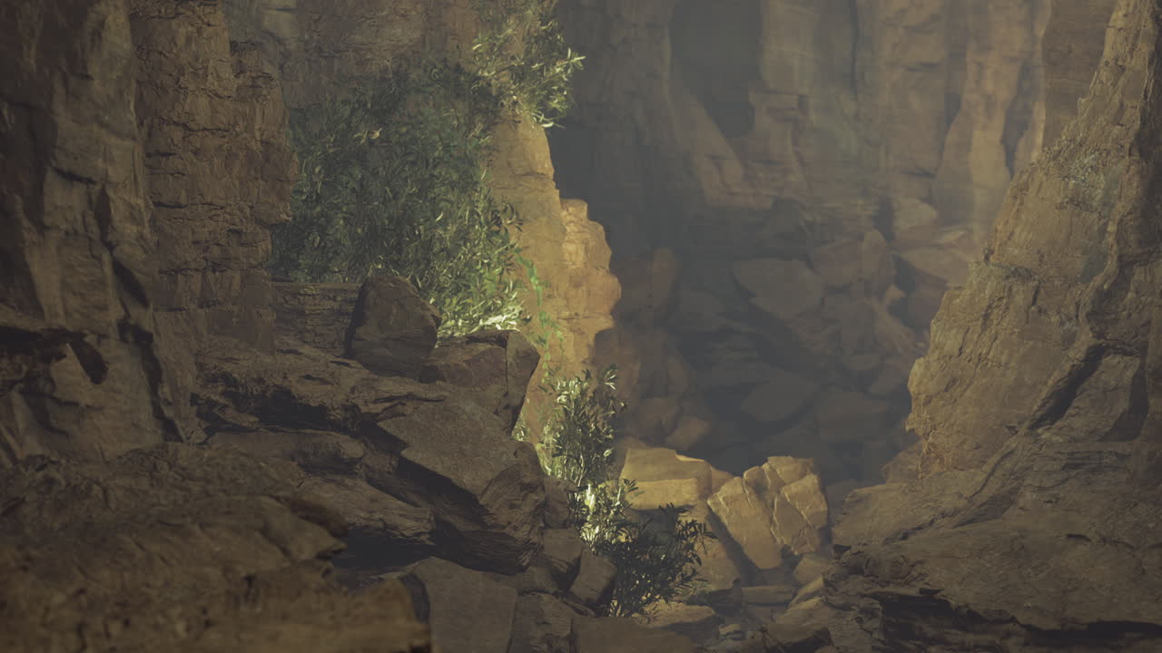 Rocky canyon with lush greenery and soft light during daytime