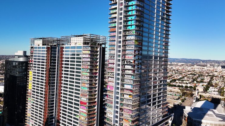 Veduta aerea di grattacieli graffitati a Los Angeles con graffiti che coprono gli edifici