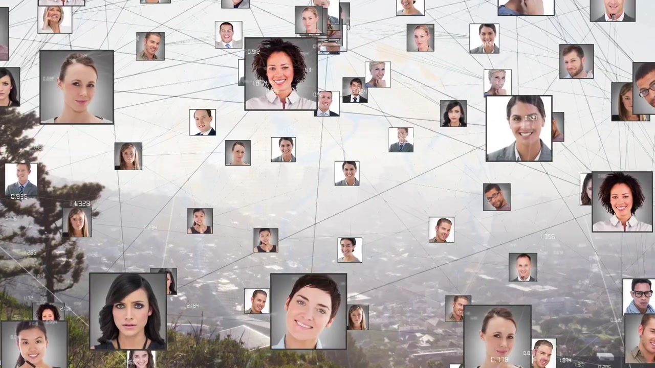 After scene loading business network presenting floating nodes linking with lines showing growth