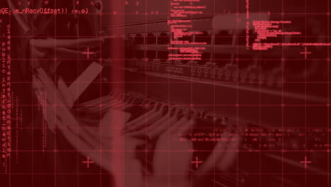 animation of data processing against close up of computer server with internet cables and wires