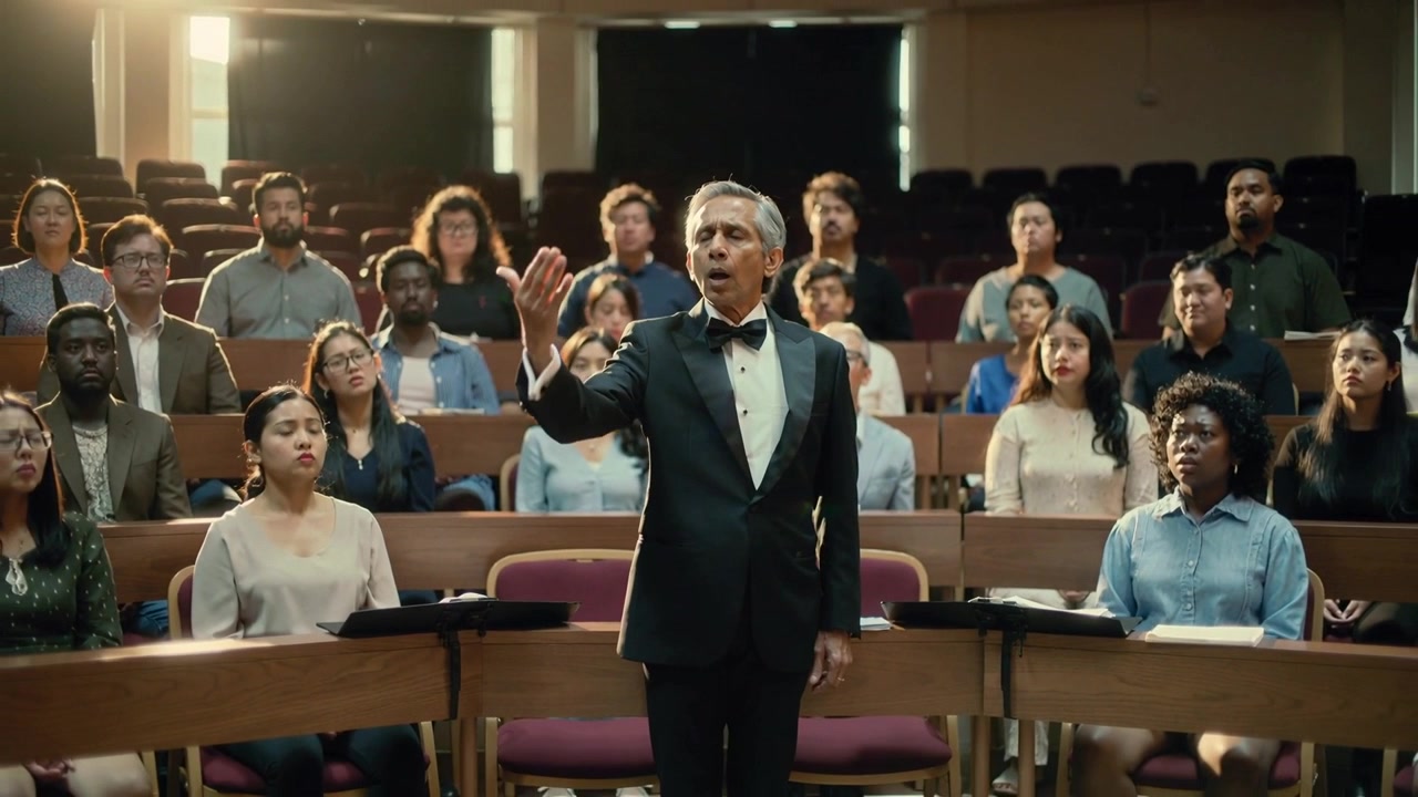 Prendendo fiato, un direttore d'orchestra anziano in smoking alza il braccio, dirigendo un coro durante le prove con spartiti.