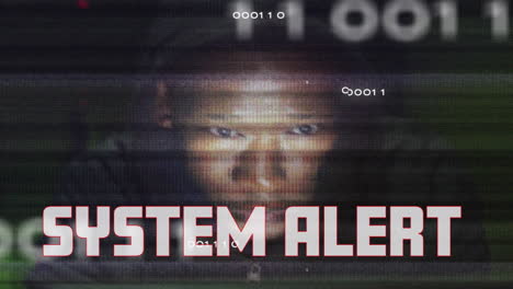 animation of system alert over binary code, integrated circuit and face of african american hacker