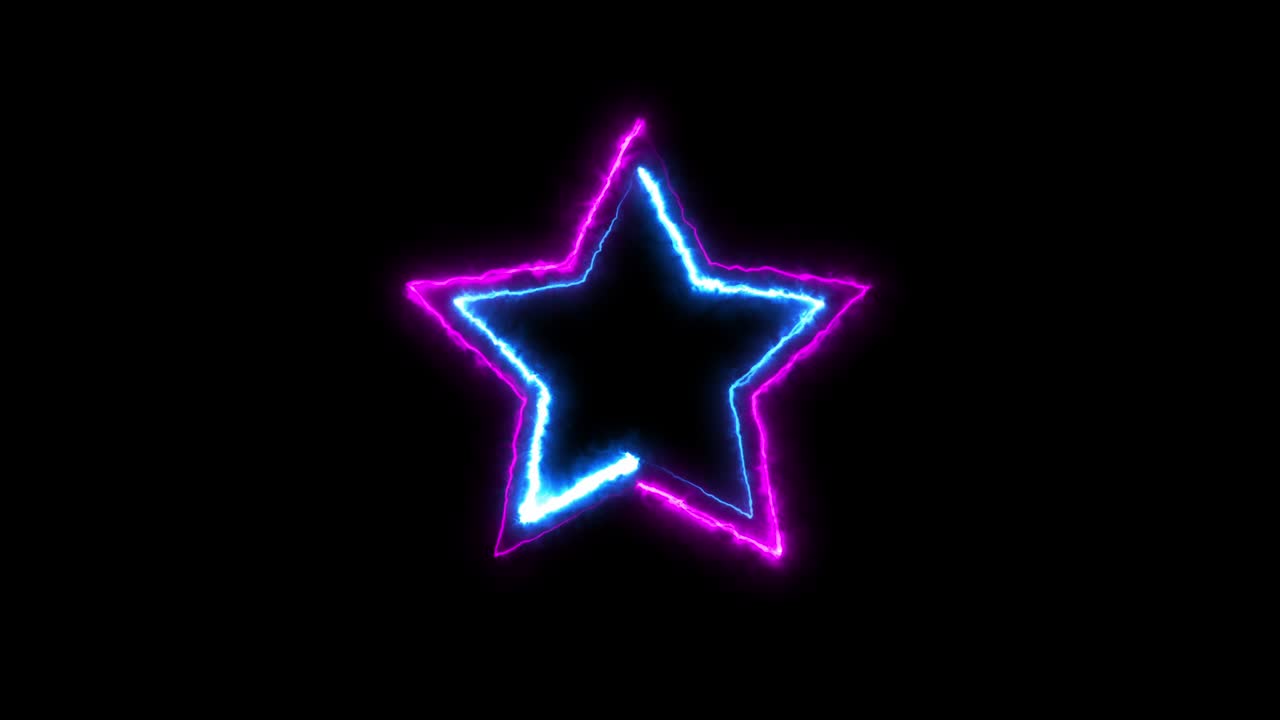Farverig stjerne af neonlinjer, der flammende gløder og blinker i et animationsloop, som bevæger sig tilfældigt på en sort baggrund.