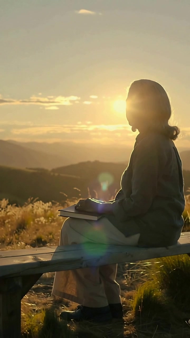 Video verticale: Guardando il sole che tramonta, donna seduta su una panchina in collina, appoggiata a un libro, spazio per il testo