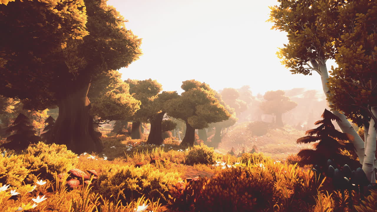 안개가 많은 아침에 만화의 해가 뜨는 것