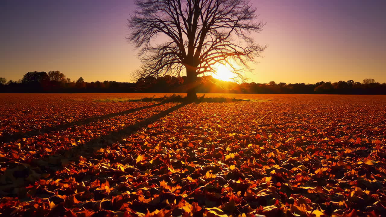 Tramonto autunnale su un campo di foglie cadute