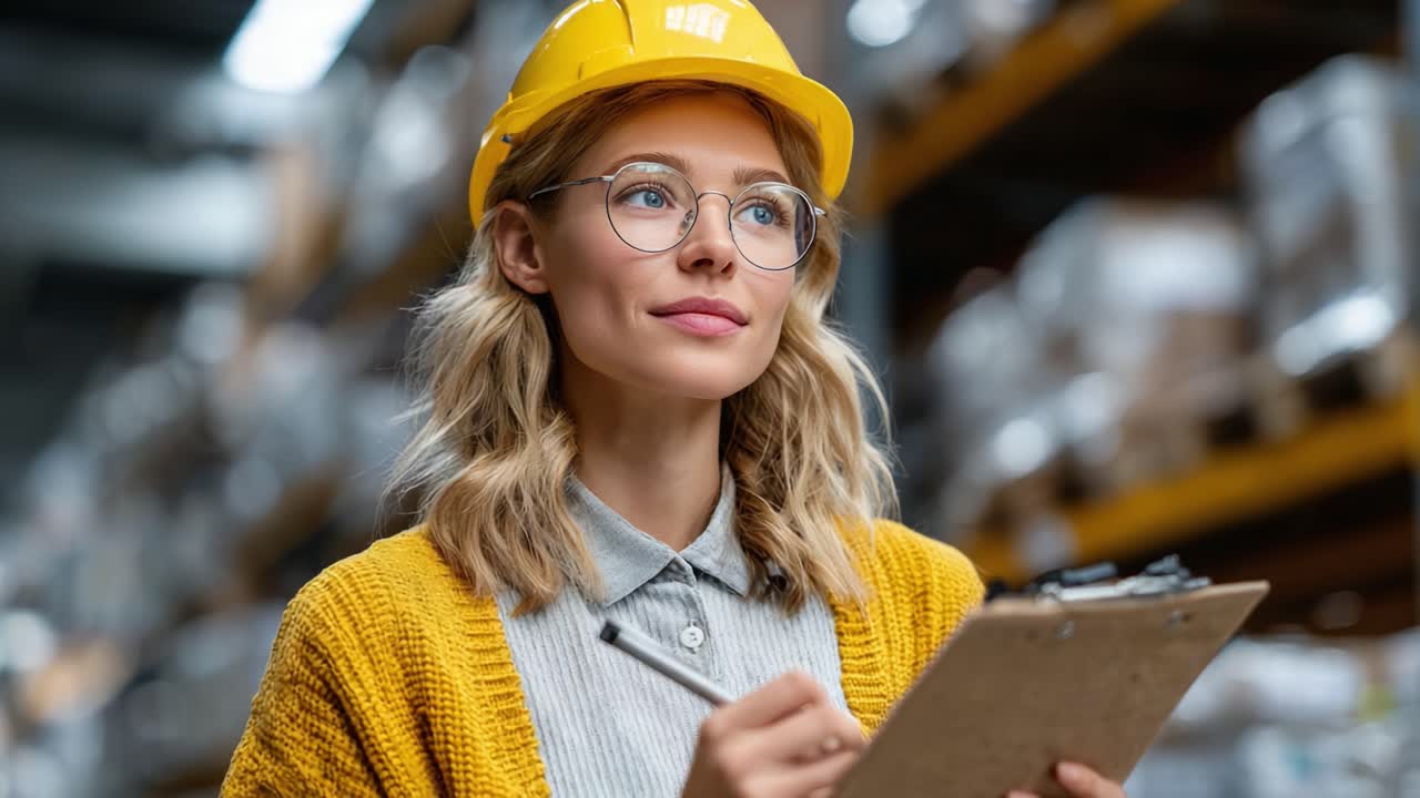 A focused woman in a yellow hard hat and glasses, holding a clipboard and observing her surroundings in a well-organized warehouse environment, highlighting safety and management