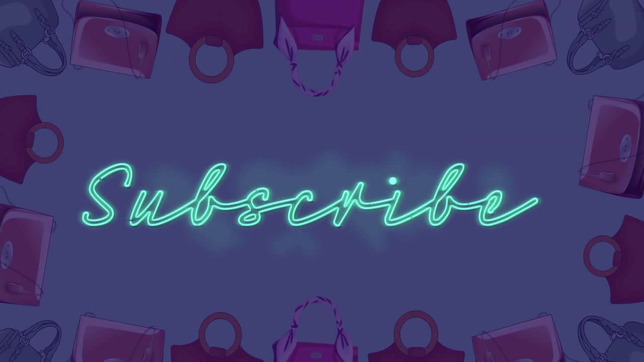 animación del texto de suscripción y los iconos de bolsos de mano sobre fondo azul