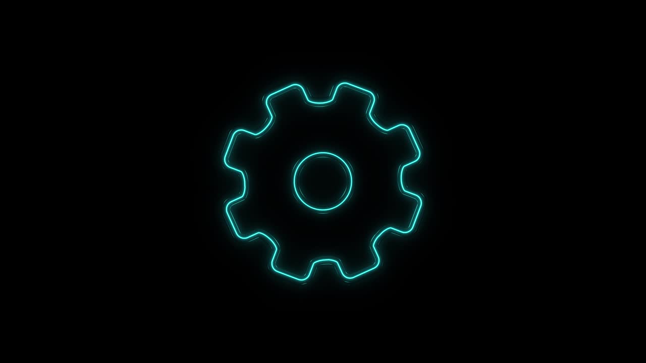 icono de engranajes de línea de neón brillante aislado en fondo negro. signo de ajustes de engrenajes de rueda dentada. símbolo de engronajes. 4k