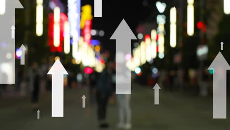 Animation-of-multiple-up-arrows-over-blurred-diverse-females-taking-selfie-against-modern-buildings