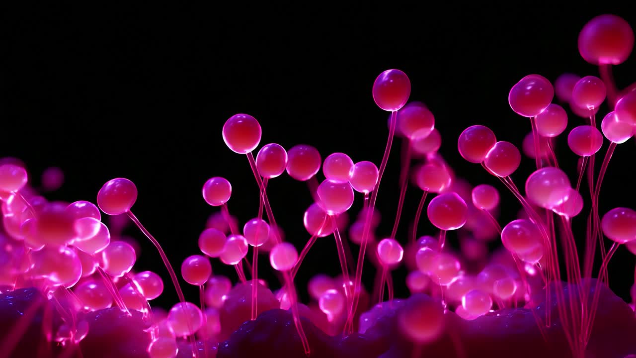 A Surreal Collection of Vibrant Pink Spheres on Tall Stalks Creating an Enigmatic Forest-like Scene in a Dark Background, Highlighting the Intricacies of Color and Form in an Imaginative Display