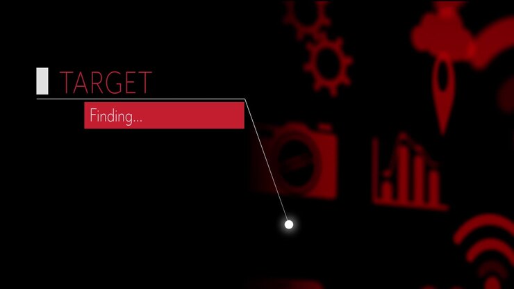 Animation of target finding text with digital icons floating over black background