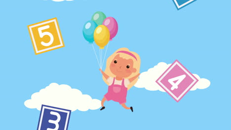 una niña flotando con globos de helio