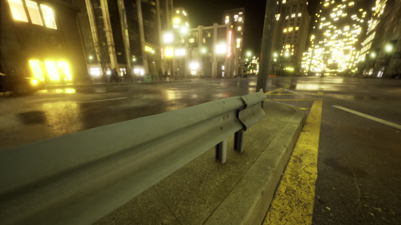 Vibrant urban nightlife captured with glowing buildings and traffic flow