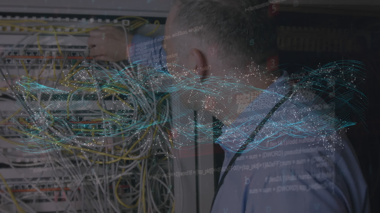 Animation of dna strand and data processing over caucasian man in server room