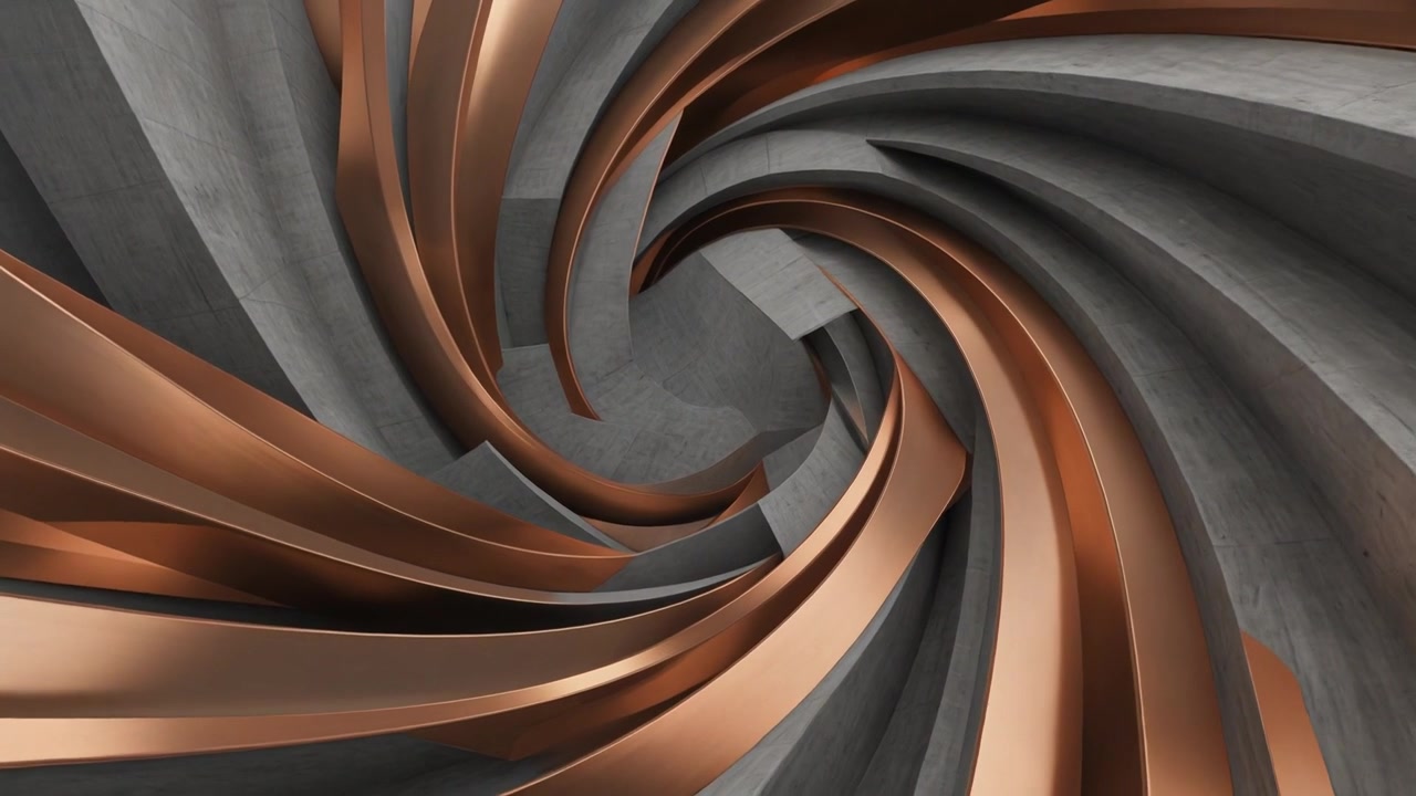 Abstract Rotating Spiral Tunnel with Concrete and Copper Textures