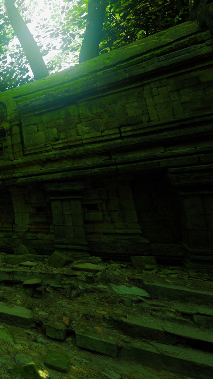 Ancient ruins enveloped in verdant greenery at twilights edge near a forest